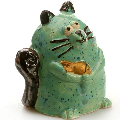 Maverick Cat Ceramic Figurine with Fish | Turquoise - 5cm