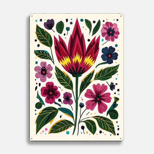 Colourful Flowers Floral Scandinavian Folk Metal Sign Plaque