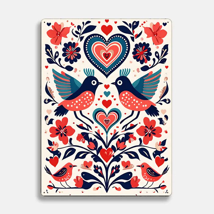 Birds and Flowers Scandinavian Folk Metal Sign Plaque