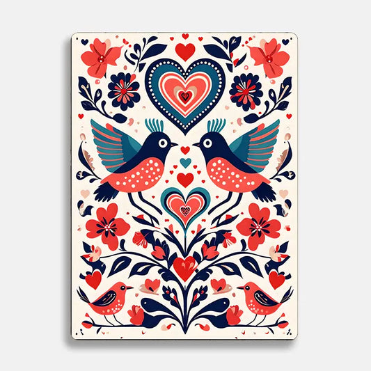 Birds and Flowers Scandinavian Folk Metal Sign Plaque