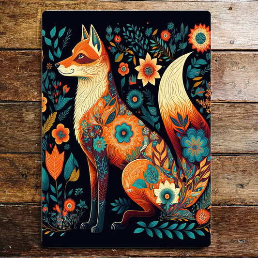 Fox Leaves Blue Flowers Metal Sign Plaque