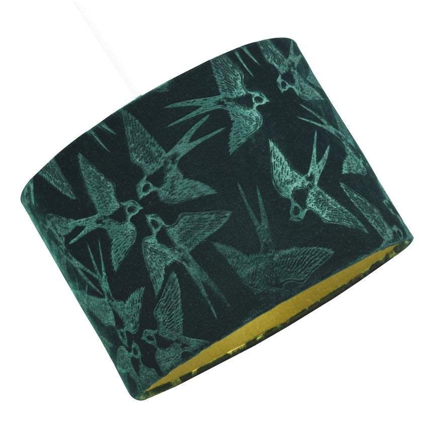 Bird Decorated Soft Velvet Fabric Lamp Shade with - 10" - Green