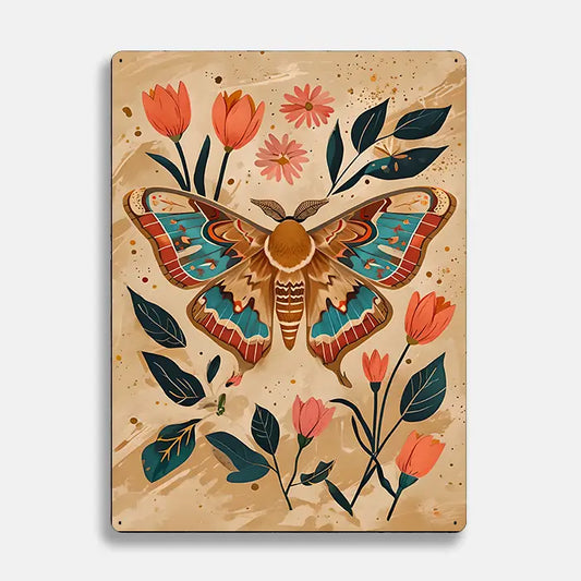 Moth Flowers Scandinavian Folk Metal Sign Plaque