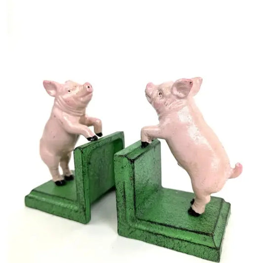 Cast Iron Antiqued Pair of Pigs Bookends - 14.5cm