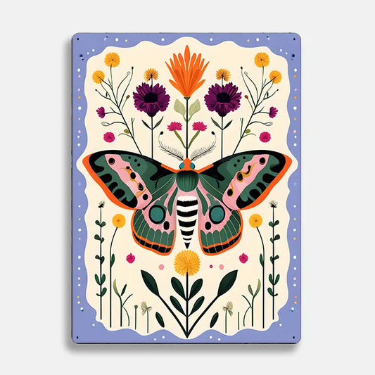Moth Butterfly Flowers Scandinavian Folk Metal Sign Plaque