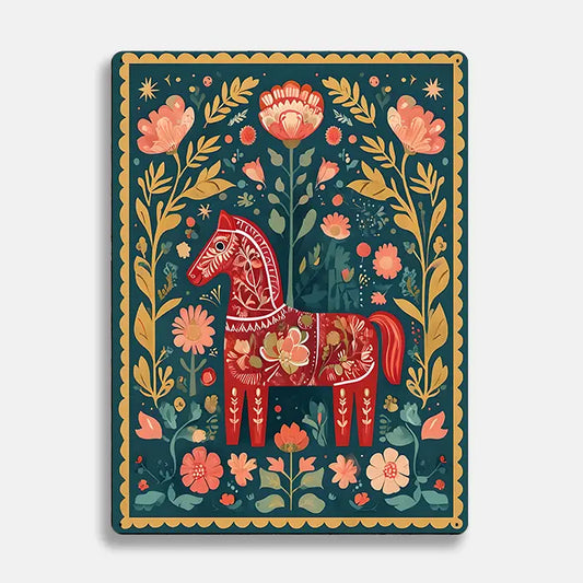 Dala Red Horse Flower Scandinavian Folk Metal Sign Plaque