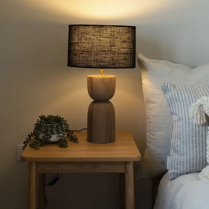 Mells, Tall Light Sandblasted Wooden Large Table Lamp with Black Shade - 54cm