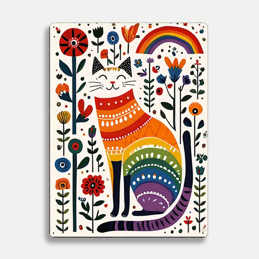 Cat Rainbow Flowers Scandinavian Folk Metal Sign Plaque