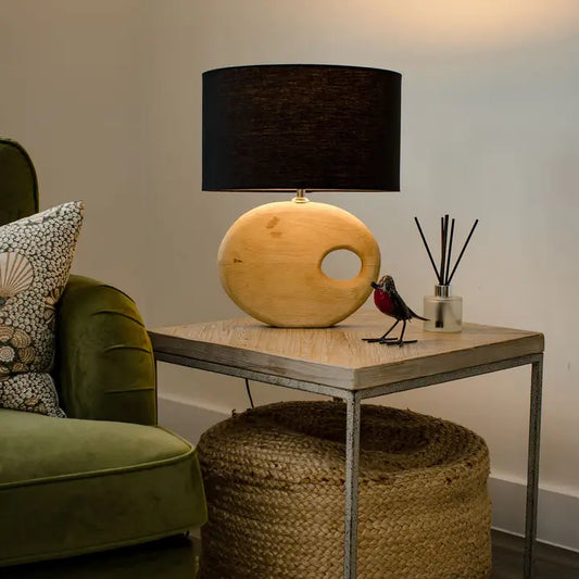 Badminton, Light Sandblasted Wooden Table Lamp with Black Cotton Shade - 44cm