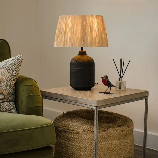 Easton, Black Sandblasted Medium Table Lamp with Raffia Shade - 49cm