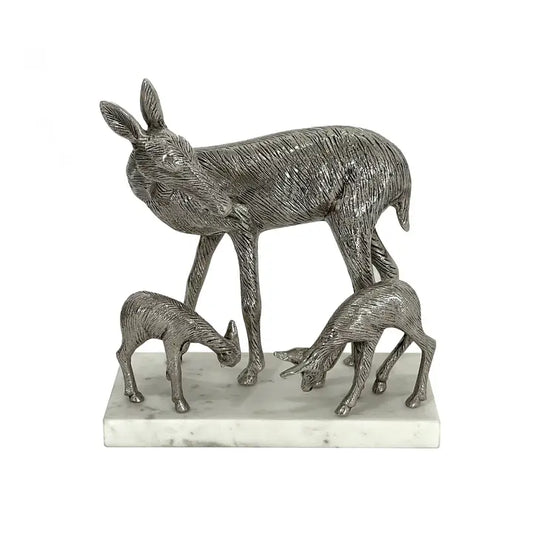 Warm Silver Antique Family of Deer Sculpture - 35.6cm