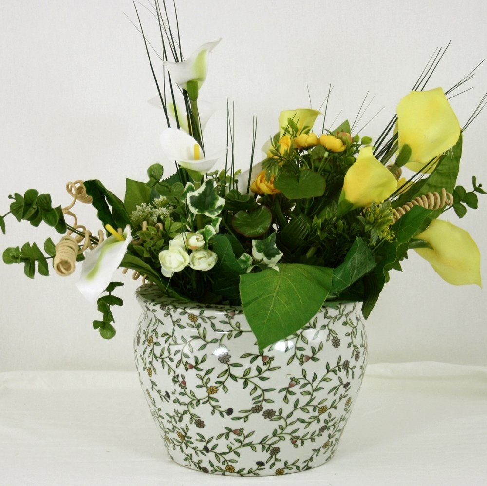 Vintage Style Green & White Floral Outdoor Ceramic Planter - 25.3cm