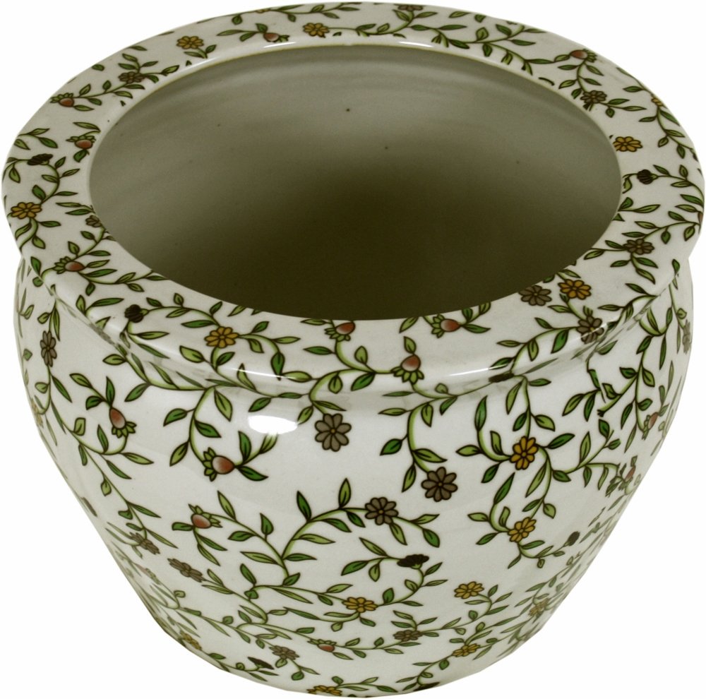 Vintage Style Green & White Floral Outdoor Ceramic Planter - 25.3cm