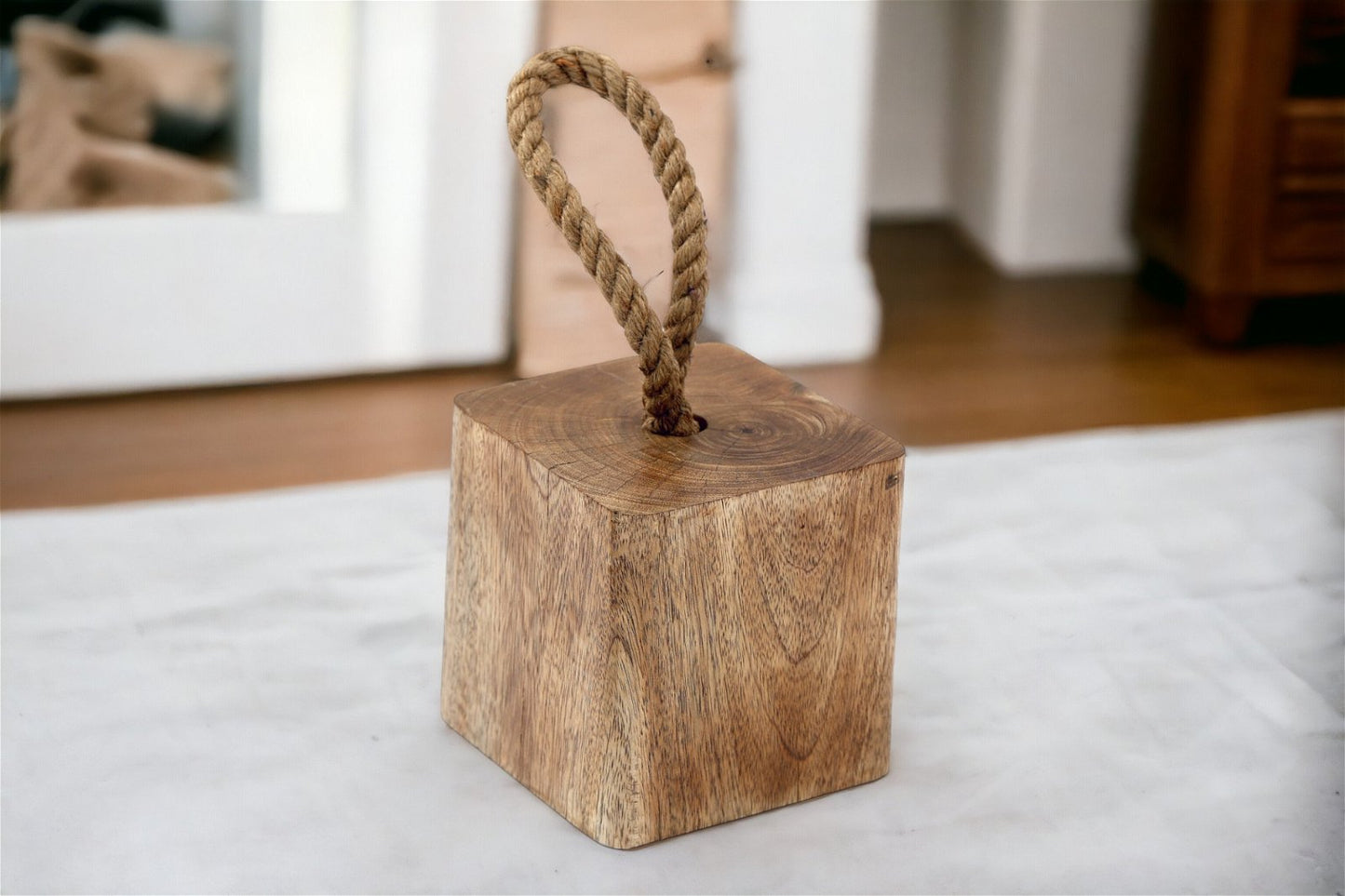 Mango Wood Doorstop With Rope Handle - 15cm