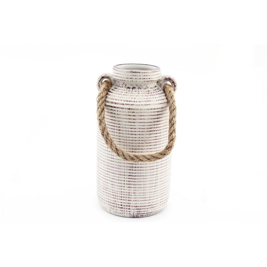 Ribbed Stone Vase with Rope Handle - 27cm