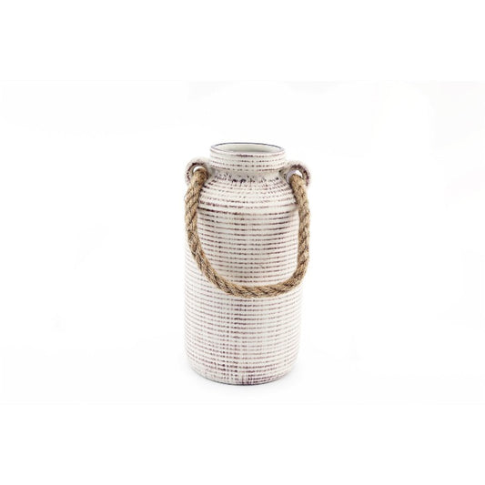 Ribbed Stone Vase with Rope Handle - 20cm