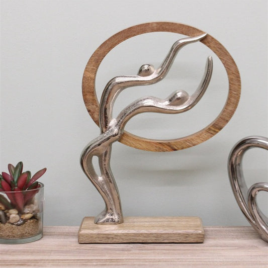 Silver Couple In Wooden Circle Ornament - 31cm.