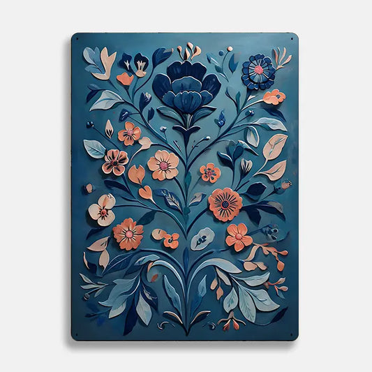 Blue Floral Flowers Scandinavian Folk Metal Sign Plaque