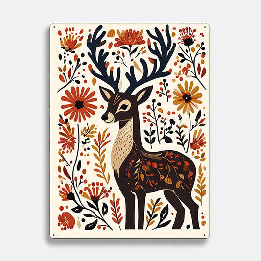 Deer Stag Floral Scandinavian Folk Metal Sign Plaque
