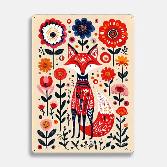 Fox Illustration Flowers Scandinavian Folk Metal Sign Plaque