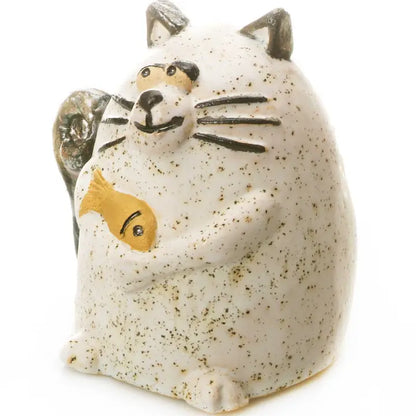 Maverick Cat with Fish Ceramic Figurine | White Daisy - 5cm