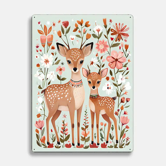 Deer Illustration Flower Scandinavian Folk Metal Sign Plaque