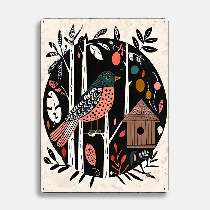 Birds House Trees Scandinavian Folk Metal Sign Plaque