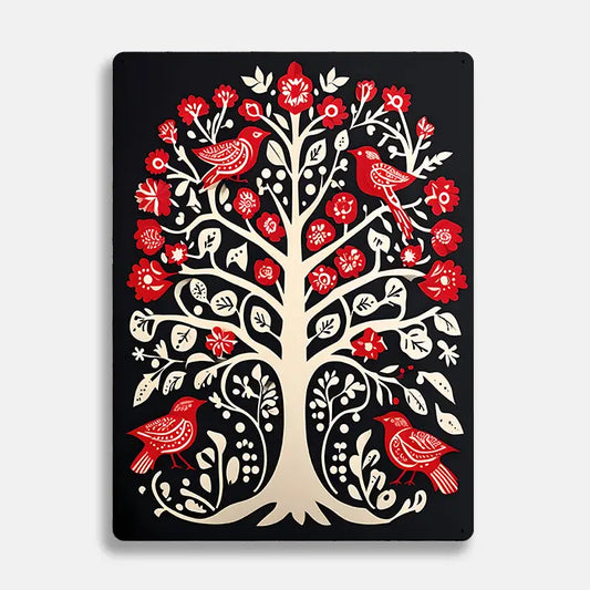 Tree with Red Birds Scandinavian Folk Metal Sign Plaque