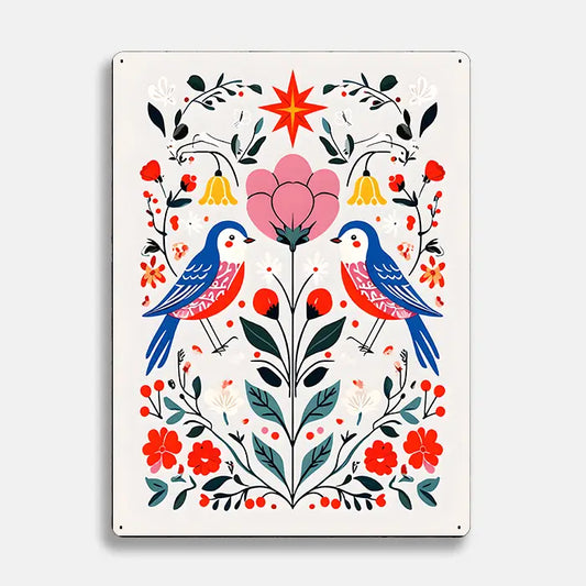 Birds Flowers Floral Scandinavian Folk Metal Sign Plaque