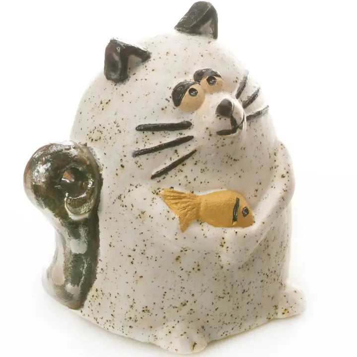 Maverick Cat with Fish Ceramic Figurine | White Daisy - 5cm