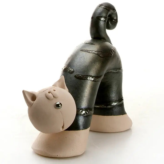 Artisan Ceramic Bow Cat Figurine in Black - 14cm