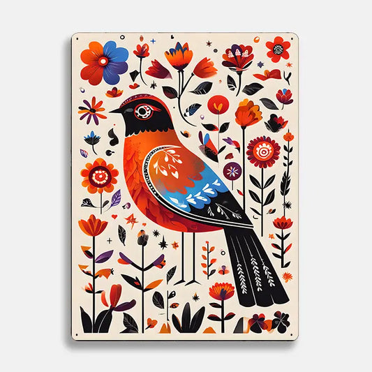 Floral Bird Flower Scandinavian Folk Metal Sign Plaque