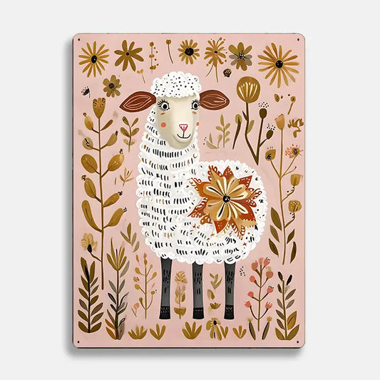 Sheep Floral Flowers Scandinavian Folk Metal Sign Plaque