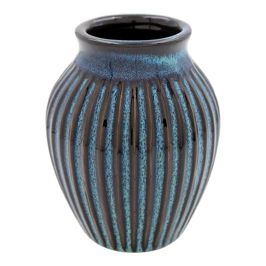 Reactive Glaze Vase | Blue/Black Reactive Ribbed Glaze Vase 16cm