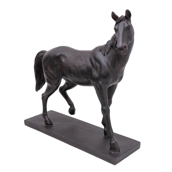 Antique Style Black Horse Ornament on Plinth 37cm