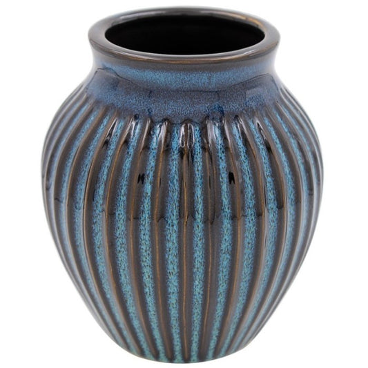 Reactive Glaze Vase | Blue/Black Reactive Ribbed Glaze Vase 13cm