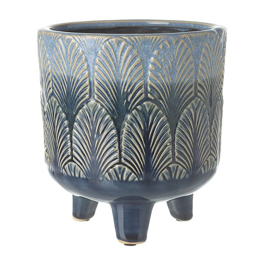 Blue Embossed Two-Tone Leaf Ceramic Planter with Legs - 17.5cm