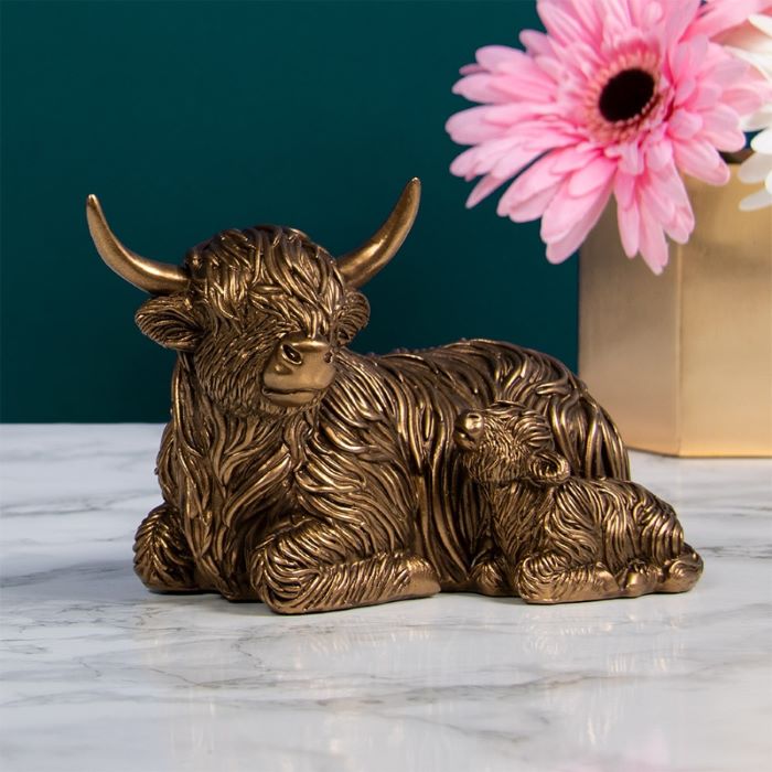 Resting Highland Cow With Calf Ornament, Bronze Coloured Laying Highland Cow - 11cm