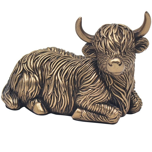 Laying Highland Cow Ornament, Bronze Coloured Highland Cow - 12.5cm