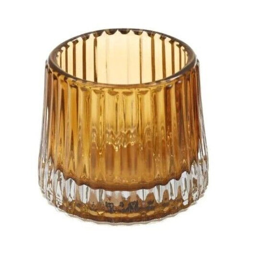 Warm Brown Ribbed Glass Tealight Candle Holder 7cm