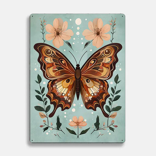 Butterfly Flowers Scandinavian Folk Metal Sign Plaque