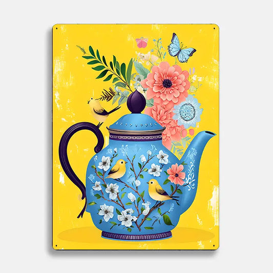 Yellow Teapot Flowers Scandinavian Folk Metal Sign Plaque