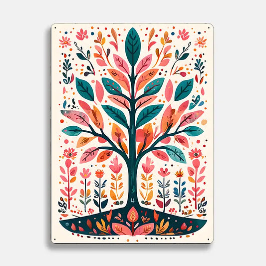 Vibrant Tree Colourful Scandinavian Folk Metal Sign Plaque