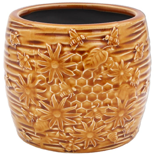 Crackled Ceramic Glaze Floral Bee Planter - 13cm