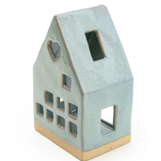 Blue Ceramic Heart House Tealight Candle Holder 13.5cm