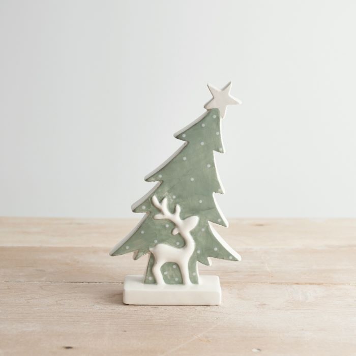 Glazed Ceramic Fir Tree And Reindeer | Reindeer Christmas Tree Ornament | 16cm