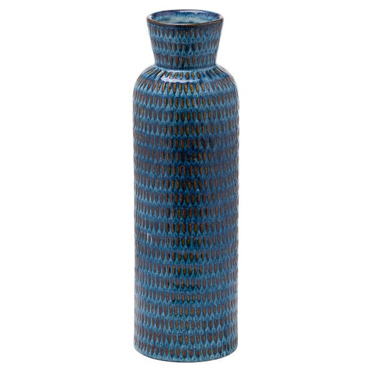 Glazed Ceramic Vase, Flute Blue Embossed Vase - 38cm