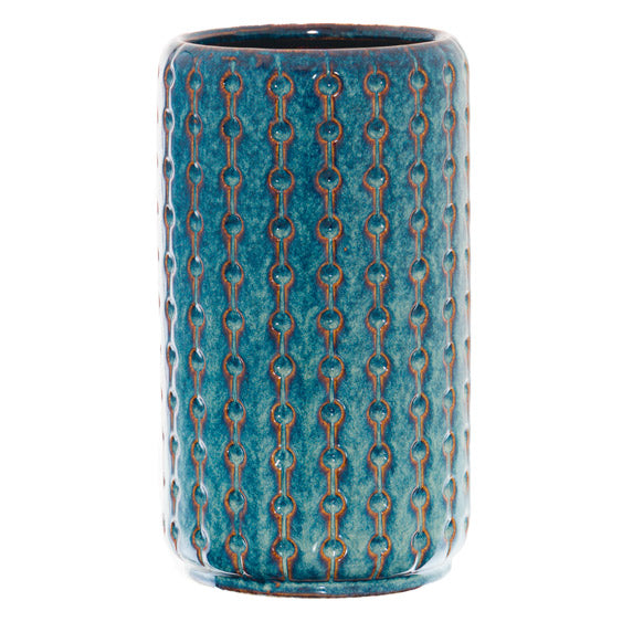 Glazed Ceramic Vase, Indigo Cylinder Blue Embossed Vase - 28cm