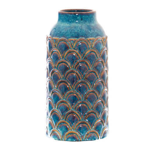 Glazed Ceramic Vase, Indigo Scalloped Blue Embossed Vase - 34cm