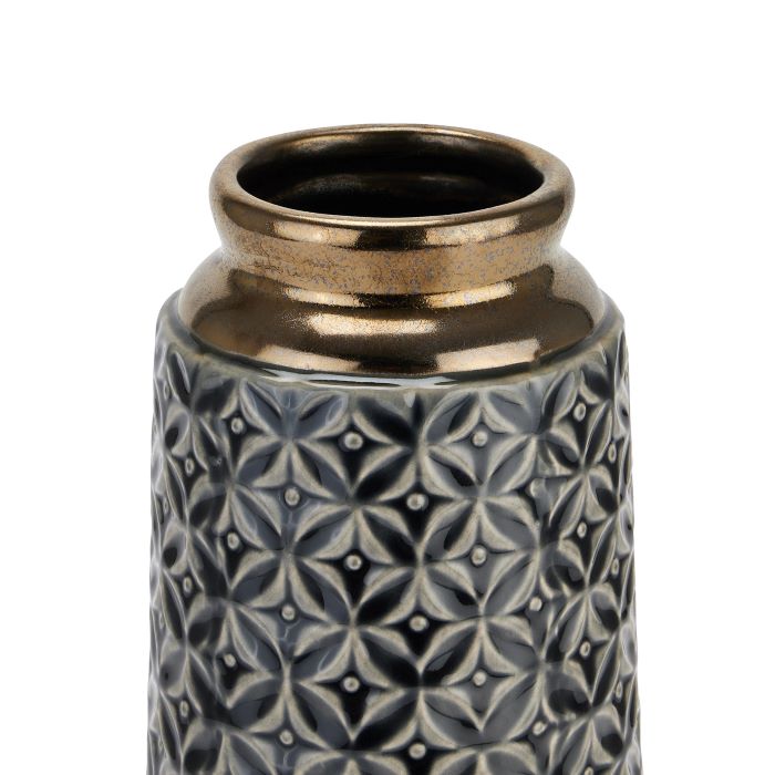 Glazed Ceramic Vase, Lebes Cylinder Black Embossed Vase - 31cm